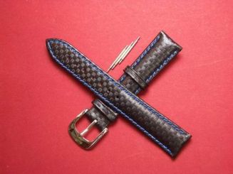 Leder- Armband mit Dornschließe und 3 Federstegen Farbe: Schwarz, blaue Naht Breite 18mm