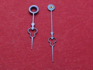 Taschenuhr-Zeiger blau, Loch-Ø Std/Min 150/<30, Länge Stundenzeiger: ca. 12,8mm, Länge Minutenzeiger ca. 16,8mm 