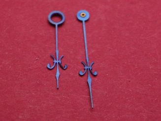Taschenuhr-Zeiger blau, Loch-Ø Std/Min 190/<30, Länge Stundenzeiger: ca. 15,8mm, Länge Minutenzeiger ca. 20,8mm 