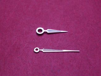 Herrenarmbanduhr-Zeiger passend für Rolex Kal. 1570, weiß/blank, Lanzenform als Leuchtzeiger, Loch-Ø Std/Min: 125/80 Minutenzeigerlänge: 10,8mm 