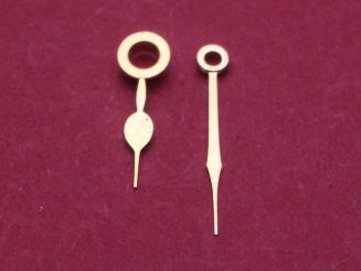 Taschenuhr-Zeiger gelb, Roskopf Poires Indes von 1967, Loch-Ø Std/Min 195/115, Länge Stundenzeiger: ca. 10,1mm, Länge Minutenzeiger ca. 13,1mm 