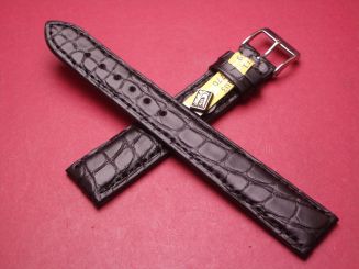 Louisiana Krokodil-Leder-Armband, 18mm im Verlauf auf 16mm an der Schließe, Farbe: schwarz, XL-Länge 