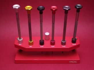 Schraubendreher Set mit Standfuß und Ersatzklingen von Horotec in den Größen Ø 0,60mm, Ø 0,80mm, Ø1,00mm, Ø 1,20mm, Ø 1,40mm und Ø 2,00 mm 