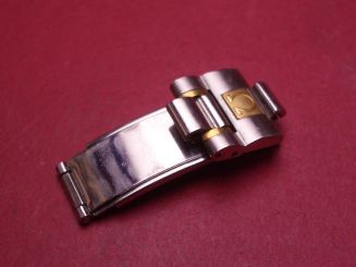 Omega Faltschließe, Stahl/Gold, 16mm, mit Anschlussglied, gebraucht 