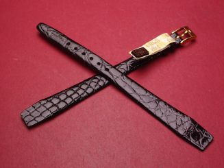 Lederarmband, Krokodil, für feste Stege, Breite: 12mm-8mm, Länge: 110mm & 92mm, Farbe: schwarz glänzend 