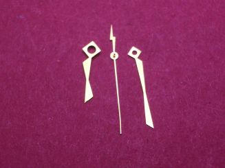Zeigersatz für alte elektr. Armbanduhren,  goldfarben, NOS (New Old Stock von 1959), Stunde: Ø 150, L=9mm, Minute: Ø 90, L=13mm, Zentralsekunden: Ø 26,5, L=13mm 