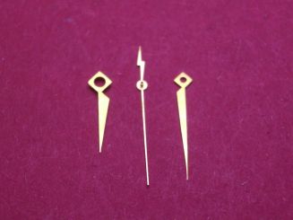 Zeigersatz für alte elektr. Armbanduhren,  goldfarben, NOS (New Old Stock von 1959), Stunde: Ø 150, L=10mm, Minute: Ø 90, L=13mm, Zentralsekunden: Ø 26,5, L=13mm 