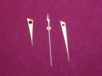 Zeigersatz für alte elektr. Armbanduhren,  goldfarben, NOS (New Old Stock von 1959), Stunde: Ø 130, L=9mm, Minute: Ø 80, L=13mm, Zentralsekunden: Ø 26,5, L=13mm 