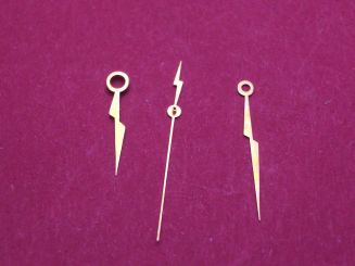 Zeigersatz für alte elektr. Armbanduhren,  goldfarben, NOS (New Old Stock von 1959), Stunde: Ø 150, L=10mm, Minute: Ø 90, L=14mm, Zentralsekunden: Ø 26,5, L=13,5mm 