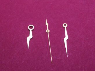 Zeigersatz für alte elektr. Armbanduhren,  goldfarben, NOS (New Old Stock von 1959), Stunde: Ø 150, L=9mm, Minute: Ø 85, L=13mm, Zentralsekunden: Ø 26,5, L=13mm 