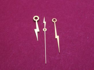 Zeigersatz für alte elektr. Armbanduhren,  goldfarben, NOS (New Old Stock von 1959), Stunde: Ø 125, L=10mm, Minute: Ø 85, L=13mm, Zentralsekunden: Ø 26,5, L=13mm 