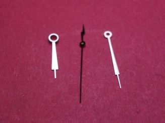 Zeigersatz für alte elektr. Armbanduhren, weiß, NOS (New Old Stock von 1959), Stunde: Ø 150, L=10mm, Minute: Ø 85, L=13mm, Zentralsekunden: Ø 26,5, L=13mm 