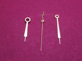 Zeigersatz für alte elektr. Armbanduhren, goldfarben, NOS (New Old Stock von 1959), Stunde: Ø 150, L=10mm, Minute: Ø 85, L=13mm, Zentralsekunden: Ø 26,5, L=13mm 