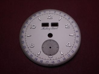 Venus Zifferblatt für Kal. 203 oder 204 (Basiskaliber 180), Ø 31,6mm, creme/silber/blau, "Mathey-Tissot", NOS (New Old Stock) 