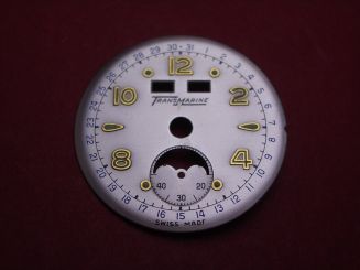 Venus Zifferblatt für Kal. 203 oder 204 (Basiskaliber 180), Ø 26,2mm, silber/gold/blau, "TRANSMARINE", NOS (New Old Stock) 