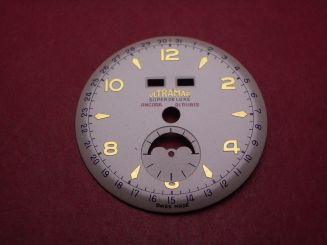 Venus Zifferblatt für Kal. 203 oder 204 (Basiskaliber 180), Ø 28,9mm, weiß/gold/blau, "ULTRAMAR SUPER DE LUXE ANCORA", NOS (New Old Stock) 