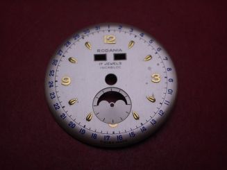 Venus Zifferblatt für Kal. 203 oder 204 (Basiskaliber 180), Ø 30,5mm, creme/gold/blau, "RODANIA", NOS (New Old Stock) 