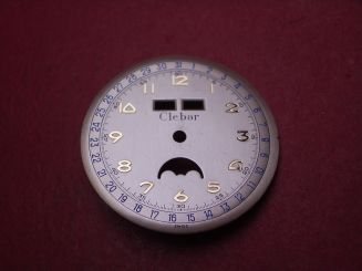 Venus Zifferblatt für Kal. 203 oder 204 (Basiskaliber 180), Ø 30,4mm, creme/gold/blau, "CLEBAR", NOS (New Old Stock) 