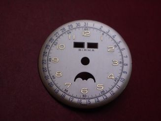 Venus Zifferblatt für Kal. 203 oder 204 (Basiskaliber 180), Ø 30,5mm, creme/gold/blau, "BIRMA", NOS (New Old Stock) 