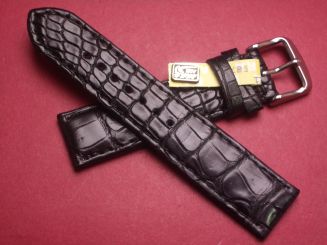 Louisiana Krokodil-Leder-Armband, 19mm im Verlauf auf 18mm, signiert: Glashütte, extra kurz, Farbe: schwarz weiße Schließe