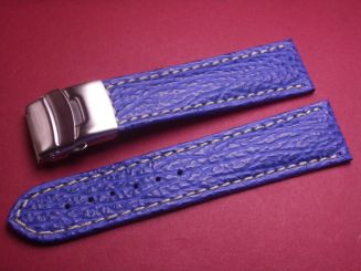 Leder-Armband 24mm im Verlauf auf 22mm, Farbe: blau mit weißer Naht, Edelstahl-Sicherheitsfaltschließe 