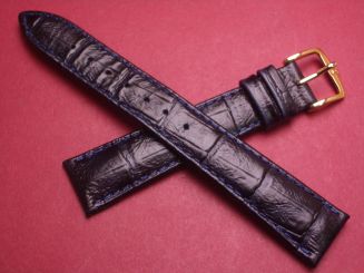 Hirsch Uhren-Armband, Kalbsleder mit Krokoprägung, 17mm im Verlauf auf 14mm, Farbe: schwarz mit blauer Naht 