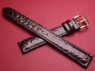 Hirsch Uhren-Armband, Kalbsleder mit Krokoprägung, 14mm im Verlauf auf 12mm, Farbe: dunkelbraun glänzend 