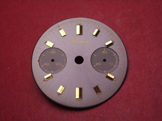 Landeron Chronographen-Zifferblatt, Ø 29mm, anthrazit mit goldfarbigen Inlays, für Kaliber 11, 13, 47, 48, 49 uvm., NOS (New Old Stock) 
