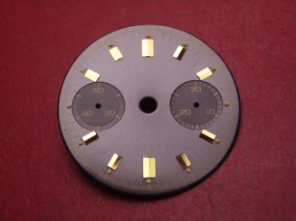 Landeron Chronographen-Zifferblatt, Ø 29mm, anthrazit mit goldfarbigen Inlays, für Kaliber 11, 13, 47, 48, 49 uvm., NOS (New Old Stock) 