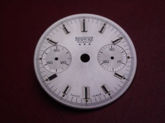 Landeron Chronographen-Zifferblatt, Ø 29mm, silber mit silberfarbigen Inlays, für Kaliber 11, 13, 47, 48, 49 uvm., NOS (New Old Stock) 
