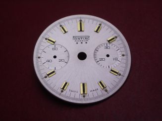 Landeron Chronographen-Zifferblatt, Ø 29mm, silber mit goldfarbigen Inlays, für Kaliber 11, 13, 47, 48, 49 uvm., NOS (New Old Stock) 