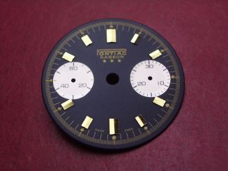 Landeron Chronographen-Zifferblatt, Ø 29mm, schwarz mit goldfarbigen Inlays, für Kaliber 11, 13, 47, 48, 49 uvm., NOS (New Old Stock) 