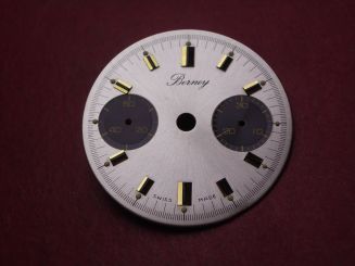 Landeron Chronographen-Zifferblatt, Ø 29mm, silber mit goldfarbigen Inlays, für Kaliber 11, 13, 47, 48, 49 uvm., NOS (New Old Stock) 