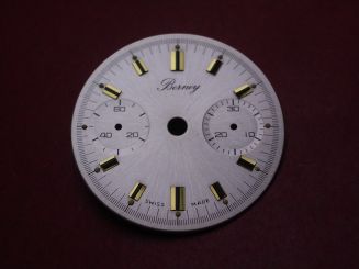 Landeron Chronographen-Zifferblatt, Ø 29mm, silber mit goldfarbigen Inlays, für Kaliber 11, 13, 47, 48, 49 uvm., NOS (New Old Stock) 