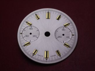 Landeron Chronographen-Zifferblatt, Ø 29mm, silber mit goldfarbigen Inlays, für Kaliber 11, 13, 47, 48, 49 uvm., NOS (New Old Stock) 