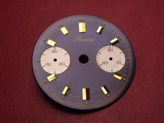Landeron Chronographen-Zifferblatt, Ø 29mm, dunkelblau mit goldfarbigen Inlays, für Kaliber 11, 13, 47, 48, 49 uvm., NOS (New Old Stock) 