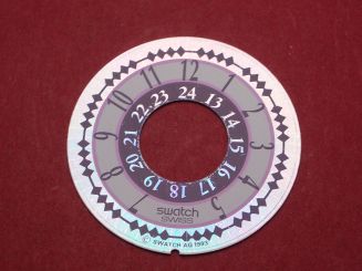 Swatch Zifferblatt, Ø 28,9mm, Farben: silber (reflektiert), blau, lila, NOS (New Old Stock) 