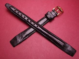 Hirsch Uhren-Armband, Eidechsenleder, 12mm im Verlauf auf 10mm, für feste Stege, Farbe: schwarz glänzend 