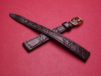 Baume & Mercier Leder-Armband, Krokodil, Breite: 12mm im Verlauf auf 8mm, Längen: Lochseite 105mm & Schließenseite 65mm, Farbe: schwarz, Dornschließe aus Edelstahl, vergoldet, gebraucht 