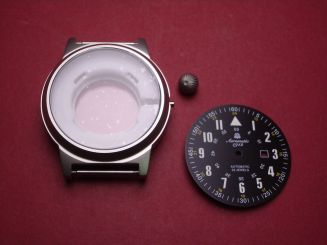 Aeromatic Serie 1912 Uhrengehäuse, Stahl, Ø 48mm, mit schwarz/weiß/gelbem Zifferblatt und Krone, Modell A1351, für Automatikuhrwerk 