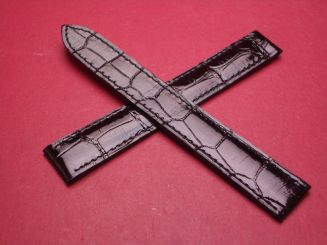 Lederarmband, Kroko, 15mm im Verlauf auf 14mm, "F. Müller", schwarz glänzend, für Faltschließe geeignet 