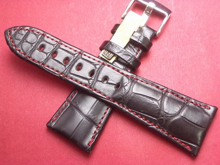 Louisiana Krokodil-Leder-Armband 28mm im Verlauf auf 20mm Farbe: Schwarz mit roter Naht 