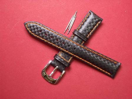 Leder-Armband mit Dornschließe und 3 Federstege Farbe: Schwarz, orange Naht 