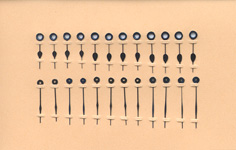 Taschenuhr-Zeiger, blau, 12 Zeigerpaare, Loch-Ø: 50/170, Minutenzeigerlänge: ca. 14-17mm, Stundenzeigerlänge: ca. 11-14mm 