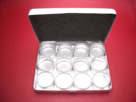 Sortier-Box aus Aluminium einschließlich 12 Dosen mit Glasdeckel 