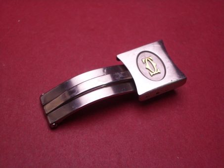 Cartier Faltschließe, Stahl/Gold, mit Schließblech, Anschluss 11mm, gebraucht 