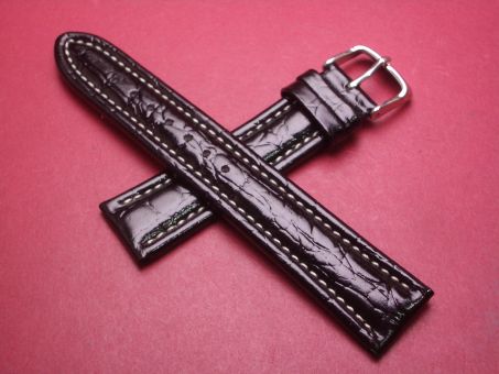 Leder-Armband, Kalbsleder mit Krokoprägung, 20mm im Verlauf auf 18mm, Farbe: schwarz glänzend mit heller Naht 
