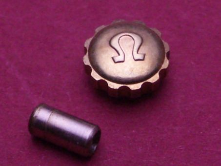 Omega Krone in doublé, Ø 5,25mm, Höhe 2,3mm, Gesamthöhe: 2,8mm, Gewinde 0,9mm, inkl. Stahltubus 2mm 