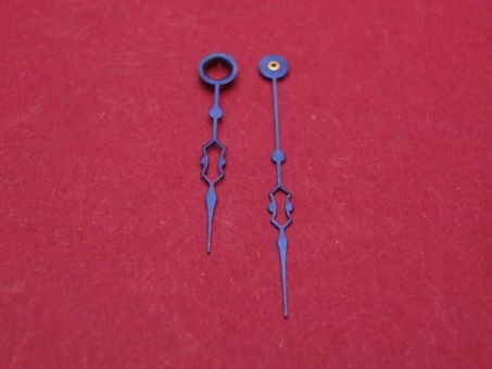 Taschenuhr-Zeiger blau, Loch-Ø Std/Min 195/35, Länge Stundenzeiger: ca. 16,8mm, Länge Minutenzeiger ca. 22,2mm 