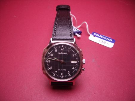 Prätina Analog-Musikalarm-Armbanduhrwecker, mit Datumsanzeige, Kalbslederband, mit Bedienungsanleitung, NOS (New Old Stock) 